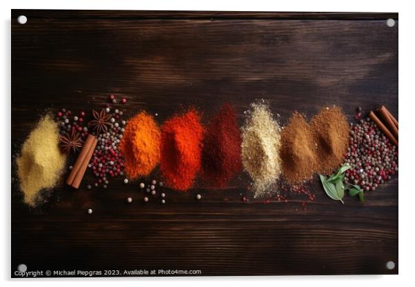 Top view of a lot of spices on a wooden table with copy space cr Acrylic by Michael Piepgras
