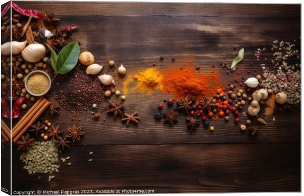 Top view of a lot of spices on a wooden table with copy space cr Canvas Print by Michael Piepgras