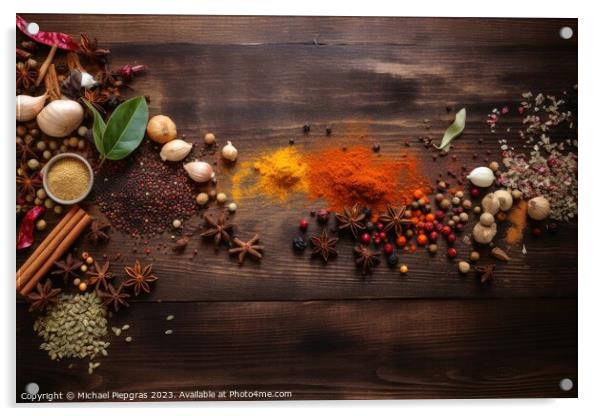 Top view of a lot of spices on a wooden table with copy space cr Acrylic by Michael Piepgras
