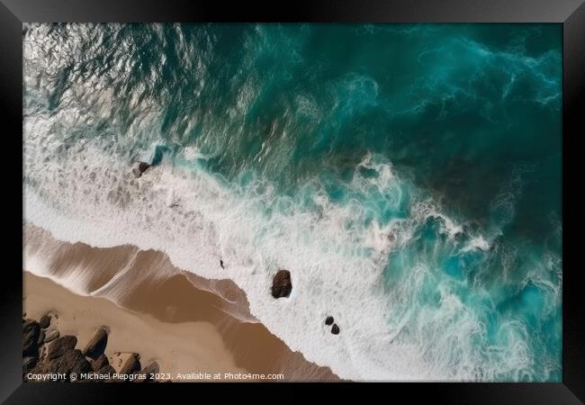 Water waves at a tropical beach aerial top view created with gen Framed Print by Michael Piepgras