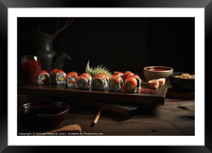Very tasty sushi served on a dark wooden plate with chopsticks a Framed Mounted Print by Michael Piepgras