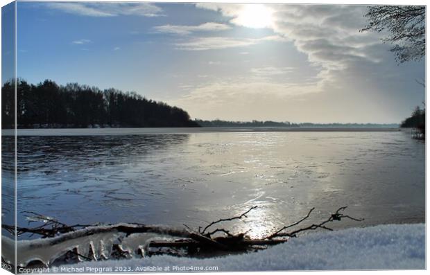 Beautiful winter shot at a lake and forest with snow and ice. Canvas Print by Michael Piepgras
