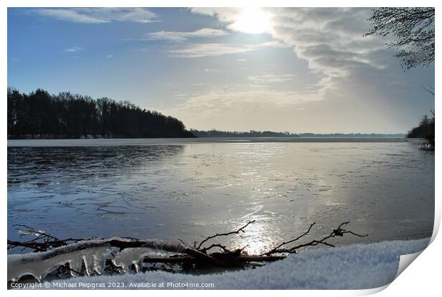 Beautiful winter shot at a lake and forest with snow and ice. Print by Michael Piepgras