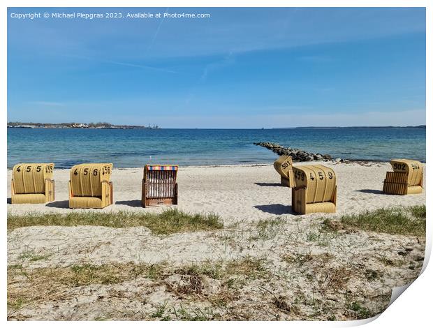 Beach chairs on a sunny summer day on the beach at the Baltic Se Print by Michael Piepgras