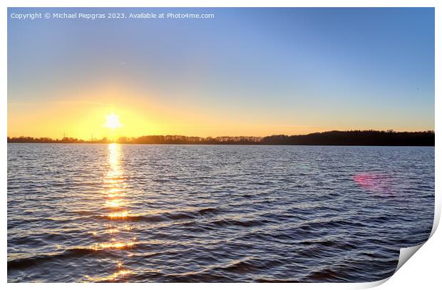 Beautiful and romantic sunset at a lake in yellow and orange col Print by Michael Piepgras