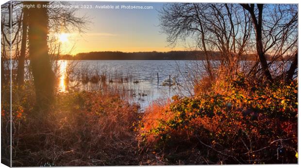 Beautiful and romantic sunset at a lake in yellow and orange col Canvas Print by Michael Piepgras