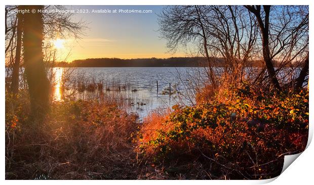 Beautiful and romantic sunset at a lake in yellow and orange col Print by Michael Piepgras