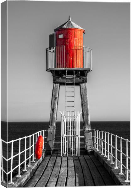 Whitby East Pier Light: Black, White, and Red Canvas Print by Tim Hill