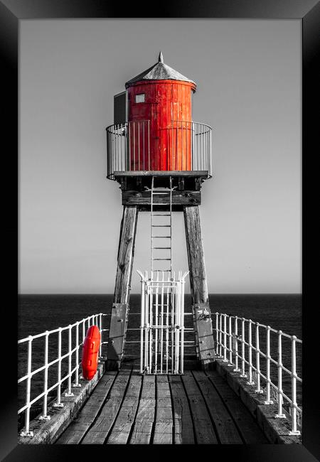 Whitby East Pier Light: Black, White, and Red Framed Print by Tim Hill