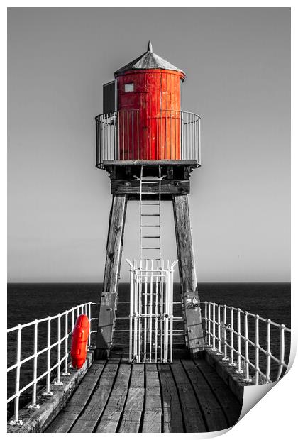 Whitby East Pier Light: Black, White, and Red Print by Tim Hill