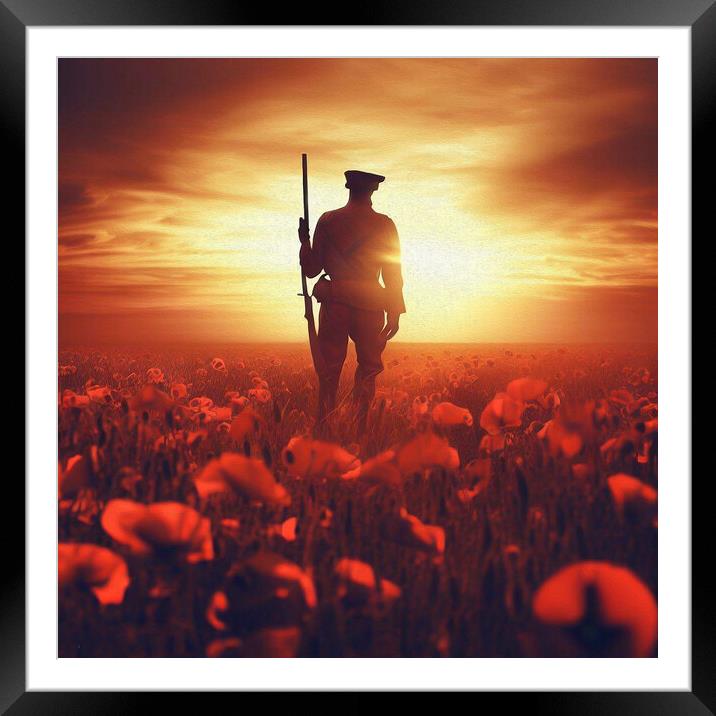 Remembrance, A Soldier Amidst the Poppies Framed Mounted Print by kathy white