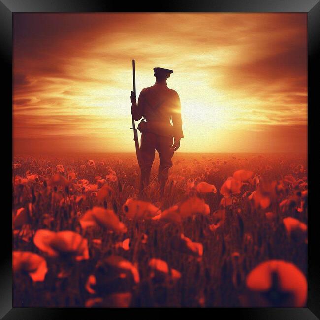 Remembrance, A Soldier Amidst the Poppies Framed Print by kathy white