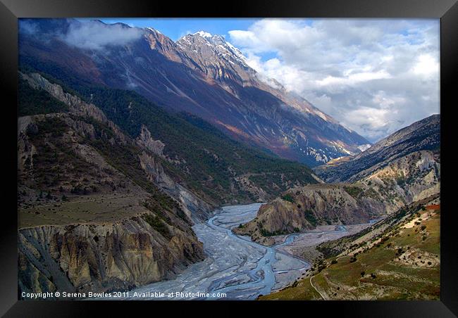 River and Clouds near Manang Framed Print by Serena Bowles