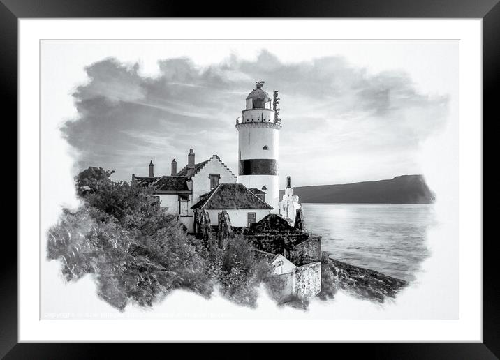 Monochrome Cloch Lighthouse Watercolour Framed Mounted Print by RJW Images