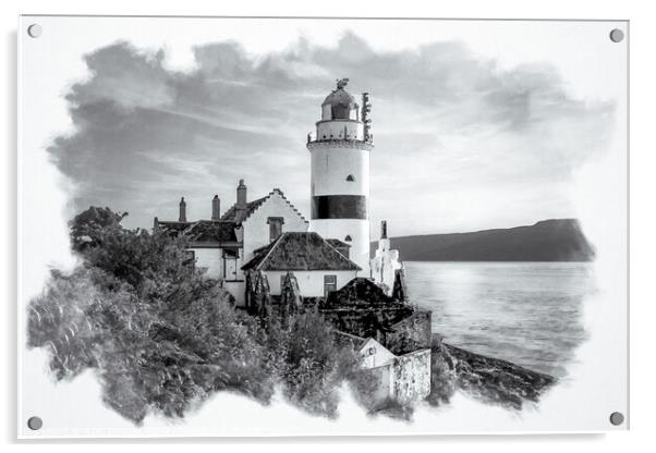 Monochrome Cloch Lighthouse Watercolour Acrylic by RJW Images