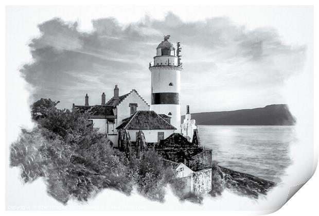 Monochrome Cloch Lighthouse Watercolour Print by RJW Images