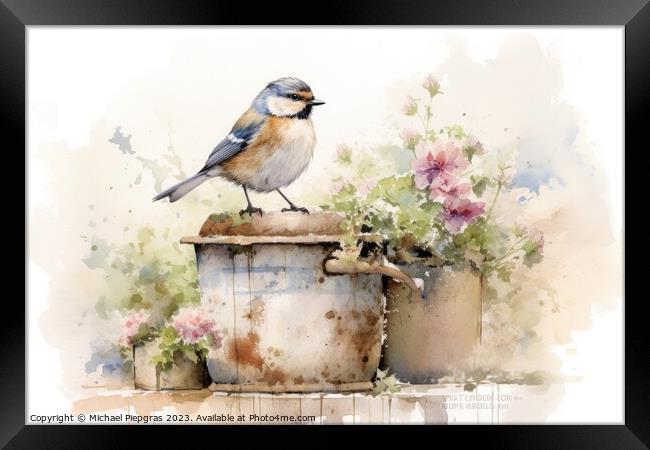 Beautiful watercolor singing bird in a garden on a white backgro Framed Print by Michael Piepgras