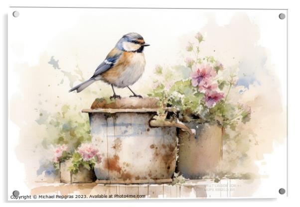 Beautiful watercolor singing bird in a garden on a white backgro Acrylic by Michael Piepgras
