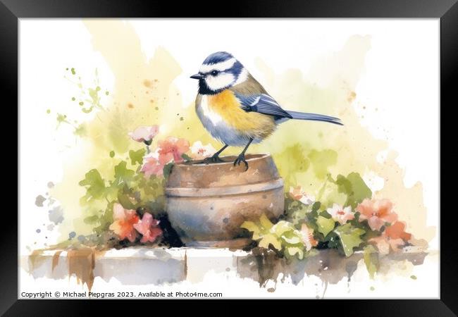 Beautiful watercolor singing bird in a garden on a white backgro Framed Print by Michael Piepgras