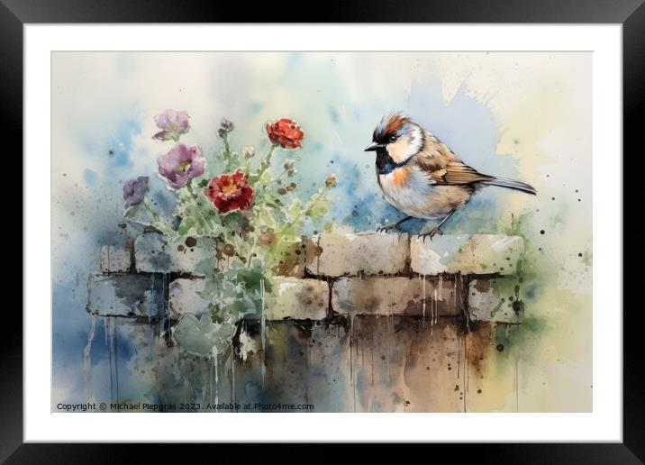 Beautiful watercolor singing bird in a garden on a white backgro Framed Mounted Print by Michael Piepgras