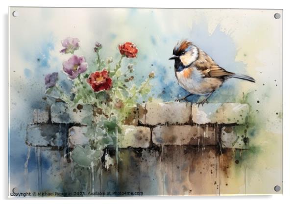 Beautiful watercolor singing bird in a garden on a white backgro Acrylic by Michael Piepgras