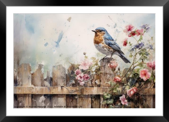Beautiful watercolor singing bird in a garden on a white backgro Framed Mounted Print by Michael Piepgras