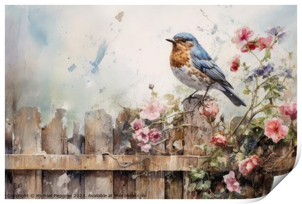 Beautiful watercolor singing bird in a garden on a white backgro Print by Michael Piepgras
