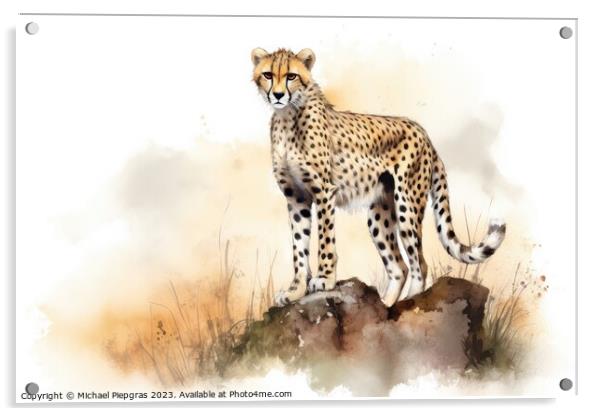 Watercolor painting of a cheetah on a white background. Acrylic by Michael Piepgras