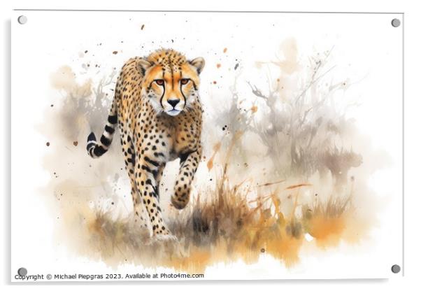Watercolor painting of a cheetah on a white background. Acrylic by Michael Piepgras