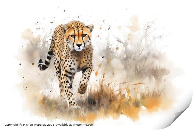 Watercolor painting of a cheetah on a white background. Print by Michael Piepgras