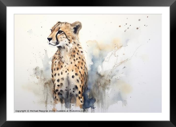 Watercolor painting of a cheetah on a white background. Framed Mounted Print by Michael Piepgras