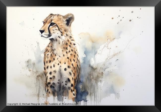 Watercolor painting of a cheetah on a white background. Framed Print by Michael Piepgras