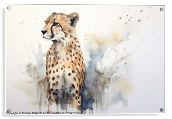 Watercolor painting of a cheetah on a white background. Acrylic by Michael Piepgras