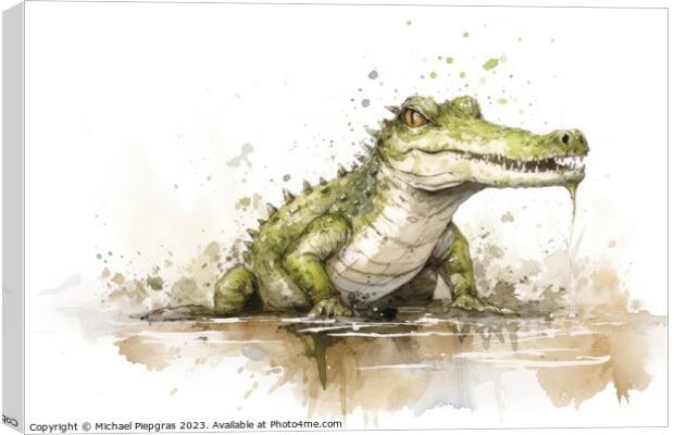 Watercolor painting of a cute crocodile on a white background. Canvas Print by Michael Piepgras