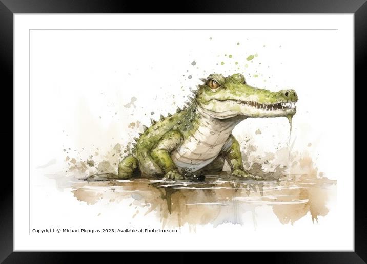 Watercolor painting of a cute crocodile on a white background. Framed Mounted Print by Michael Piepgras