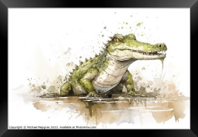 Watercolor painting of a cute crocodile on a white background. Framed Print by Michael Piepgras