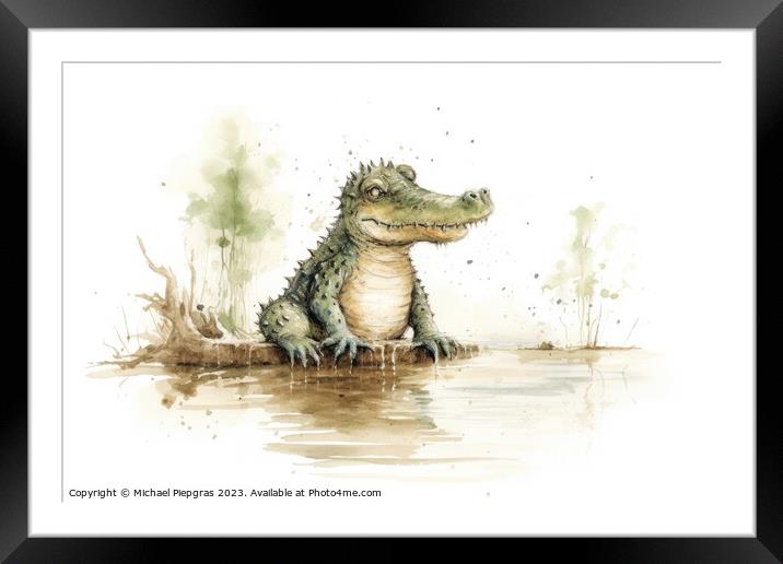 Watercolor painting of a cute crocodile on a white background. Framed Mounted Print by Michael Piepgras