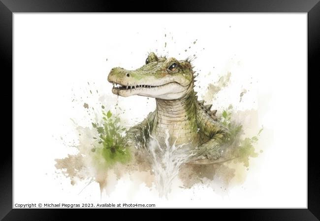 Watercolor painting of a cute crocodile on a white background. Framed Print by Michael Piepgras