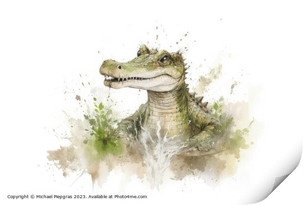 Watercolor painting of a cute crocodile on a white background. Print by Michael Piepgras
