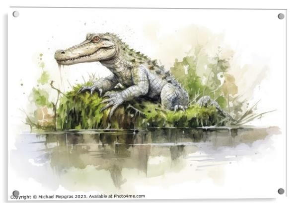 Watercolor painting of a cute crocodile on a white background. Acrylic by Michael Piepgras