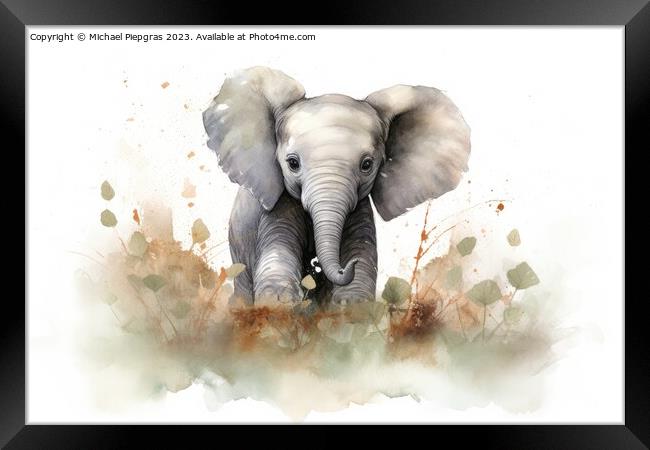 Watercolor painting of a big elephant on a white background. Framed Print by Michael Piepgras