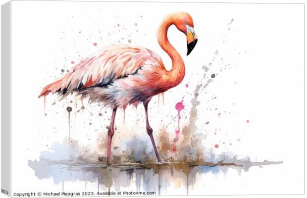 Watercolor painting of a flamingo on a white background. Canvas Print by Michael Piepgras