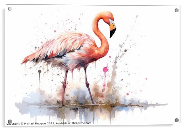 Watercolor painting of a flamingo on a white background. Acrylic by Michael Piepgras