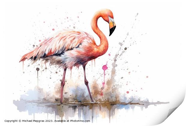 Watercolor painting of a flamingo on a white background. Print by Michael Piepgras