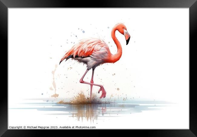Watercolor painting of a flamingo on a white background. Framed Print by Michael Piepgras
