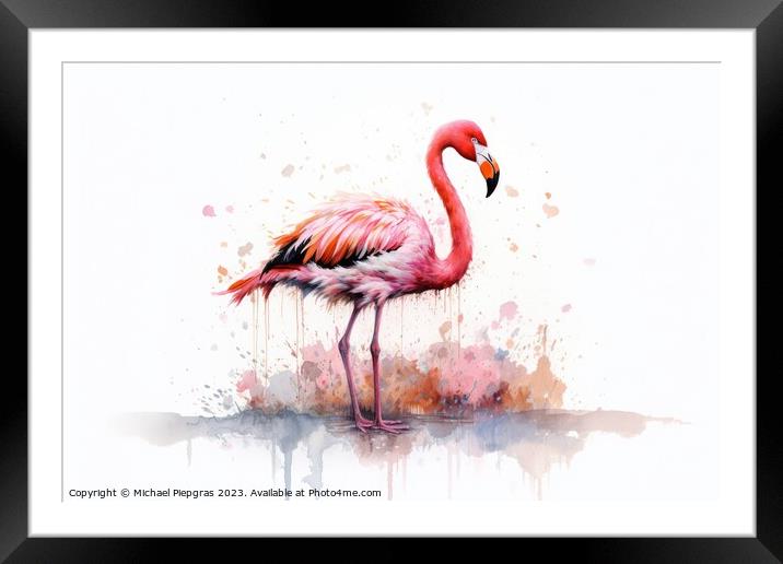 Watercolor painting of a flamingo on a white background. Framed Mounted Print by Michael Piepgras