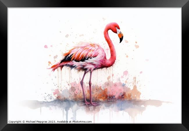 Watercolor painting of a flamingo on a white background. Framed Print by Michael Piepgras