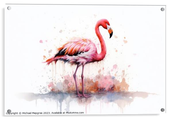 Watercolor painting of a flamingo on a white background. Acrylic by Michael Piepgras