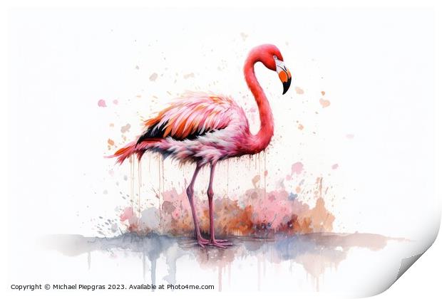 Watercolor painting of a flamingo on a white background. Print by Michael Piepgras