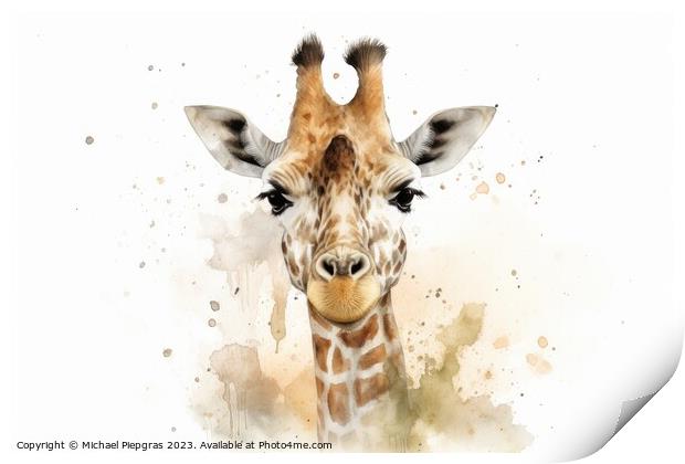 Watercolor painting of a giraffe on a white background. Print by Michael Piepgras